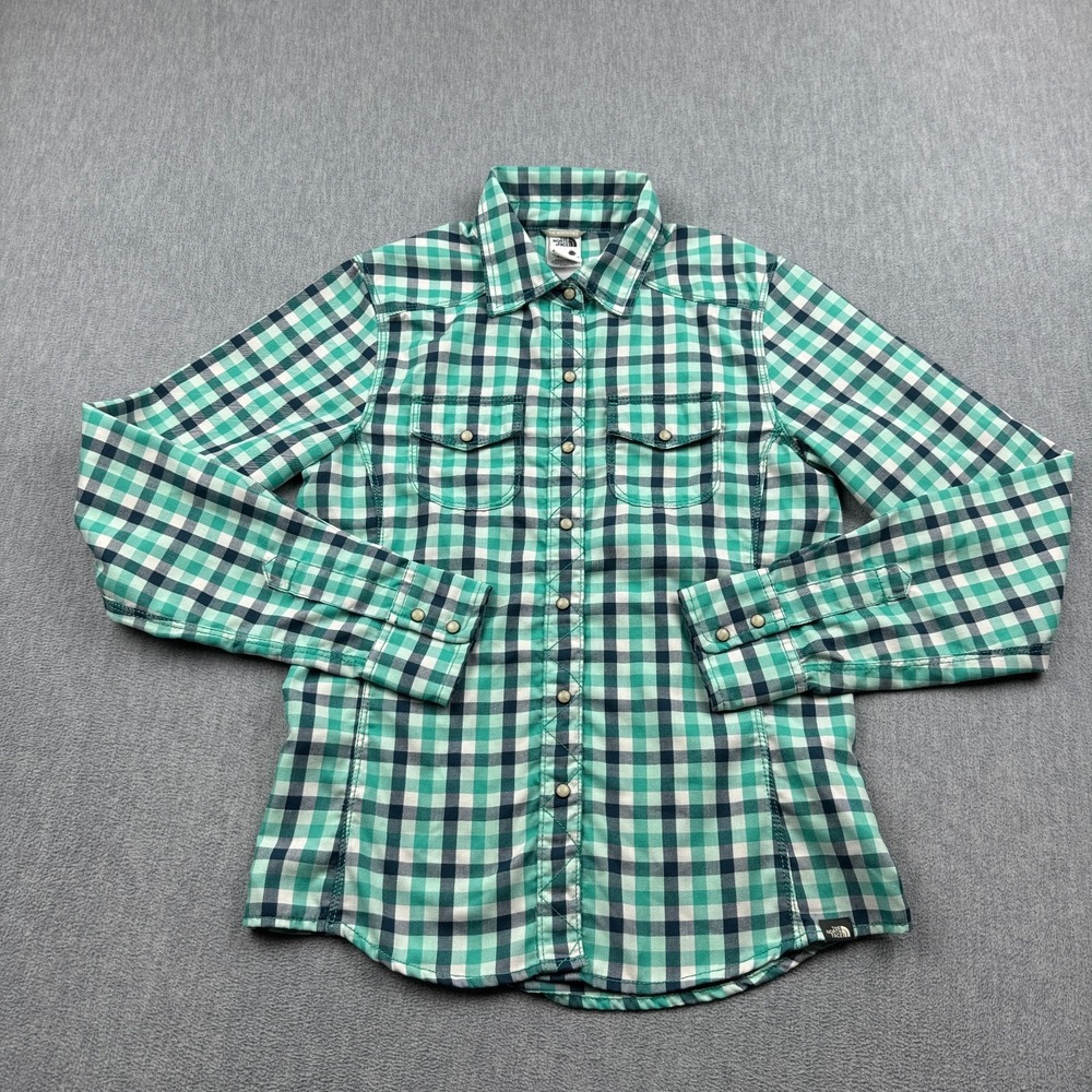 The North Face Women XS Green Plaid Flannel Pearl Snap Shirt Long Sleeve Outdoor